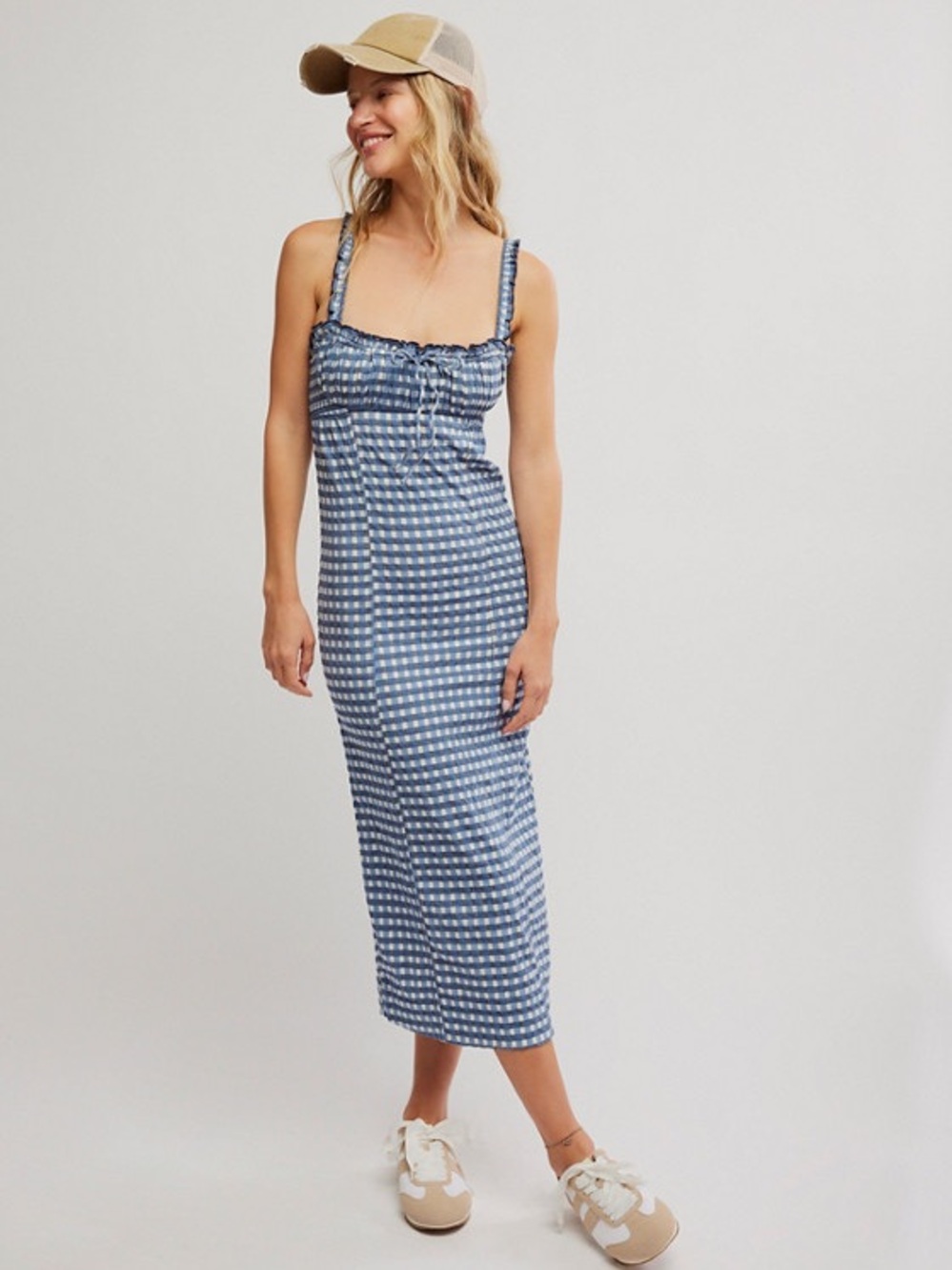Free People Lucinda Plaid Midi Dress in Navy size Large NWT